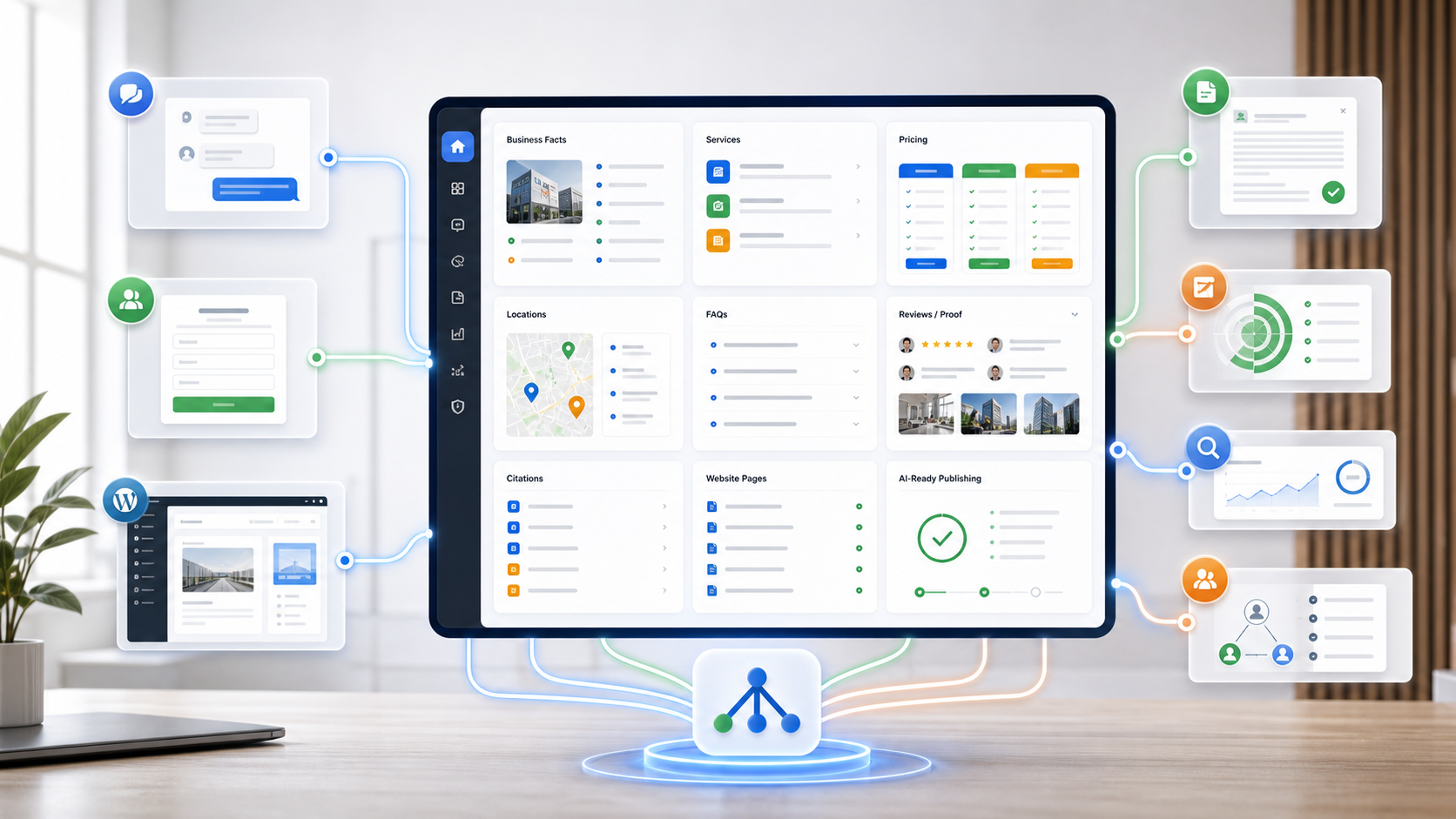 TAPNET AI Hub dashboard connecting business knowledge, AI visibility, chatbot, lead widget, and add-on workflows.