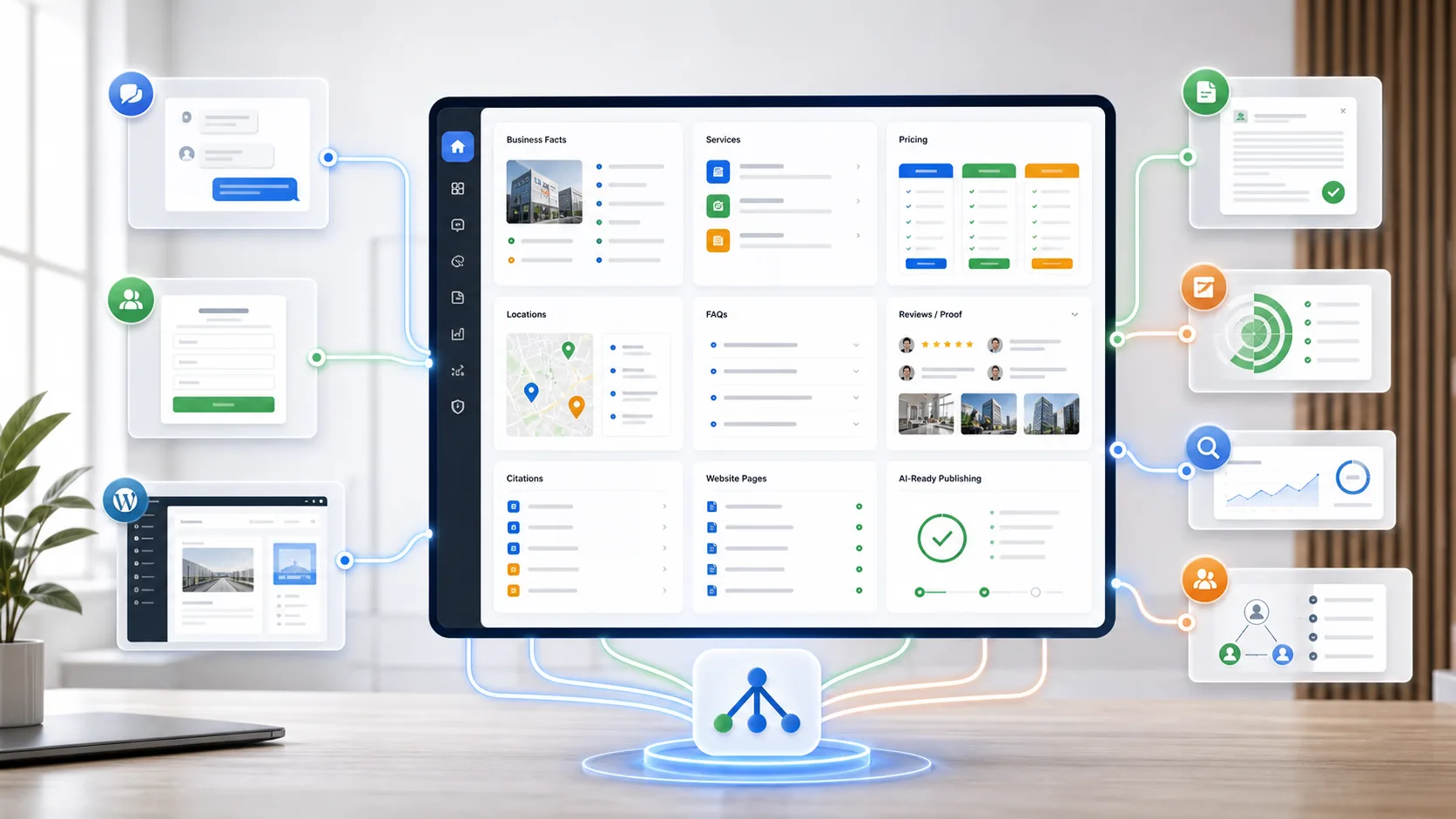TAPNET AI Hub dashboard connecting business knowledge, AI visibility, chatbot, lead widget, and add-on workflows.