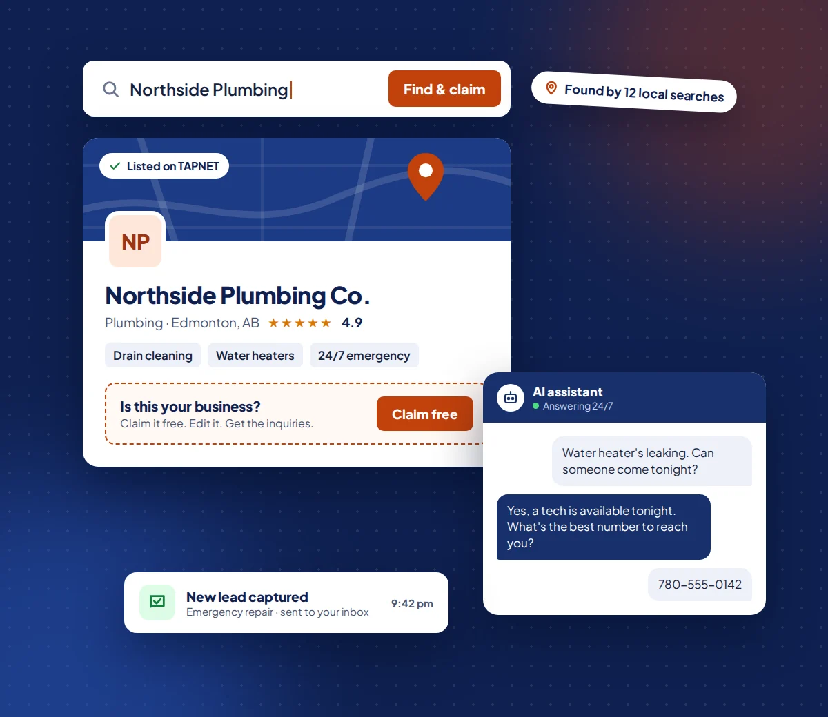 A local business listing on TAPNET with a Claim free button, beside an AI assistant chat that captures a new customer inquiry.