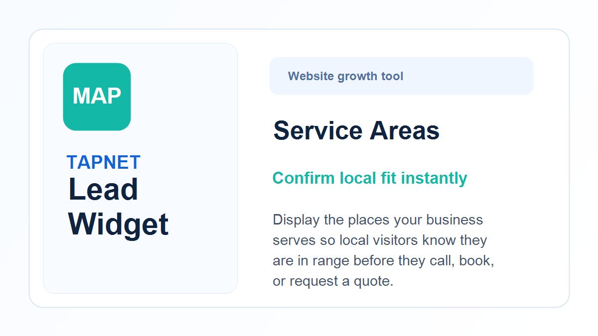 TAPNET Lead Widget service area feature image showing local area display tools.
