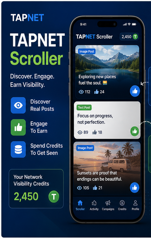 TAPNET Scroller mobile preview showing social posts, swipe actions, likes, and visibility credits.