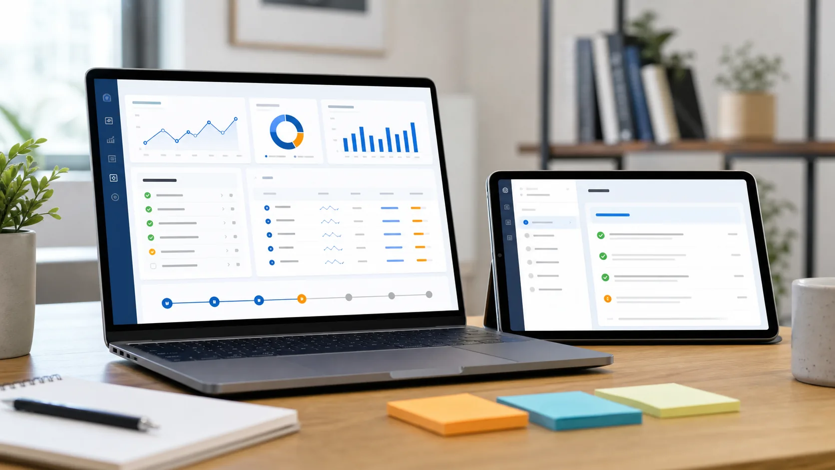 Modern SEO Hub workspace showing search performance charts, optimization checklists, competitor evidence, and a keyword task timeline on laptop and tablet screens.