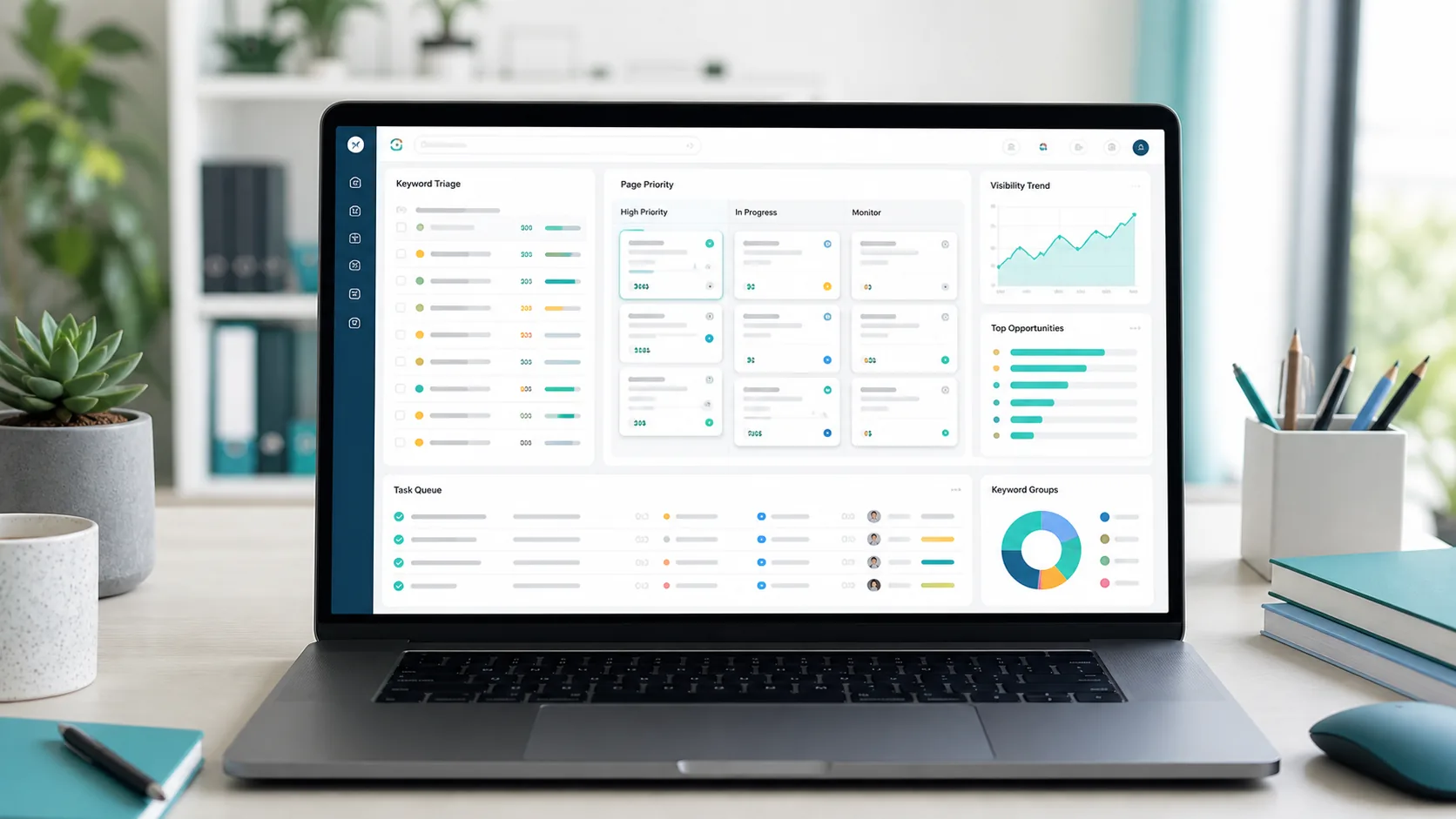 SEO Hub keyword triage dashboard showing search query cards, page priority lanes, visibility trend panels, and a task queue.