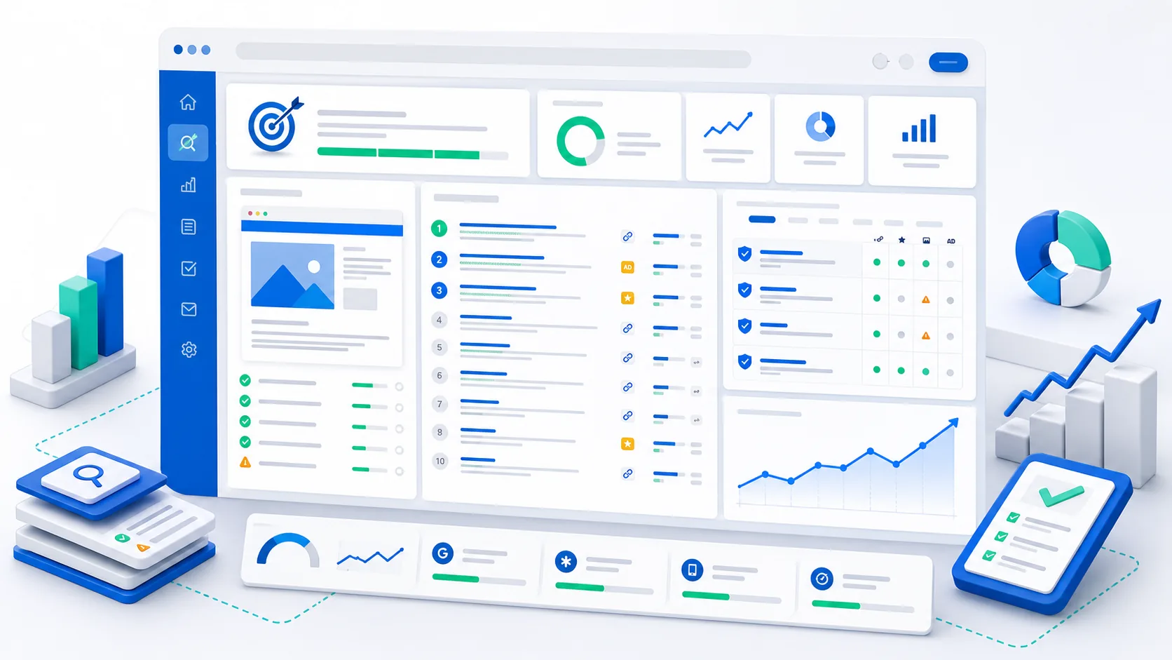 SEO Hub keyword workspace dashboard showing top search results, competitor evidence, page optimization tasks, Search Console signals, and ranking progress charts.
