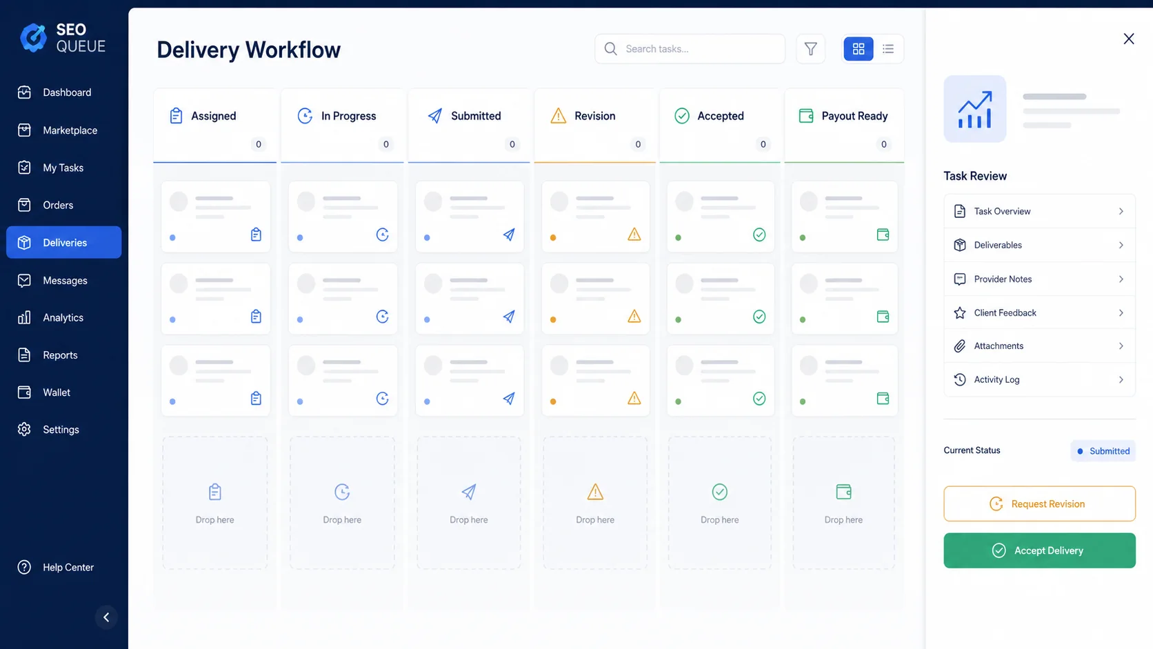SEO Queue Marketplace delivery workflow showing assigned, in progress, submitted, revision, accepted, and payout ready stages.