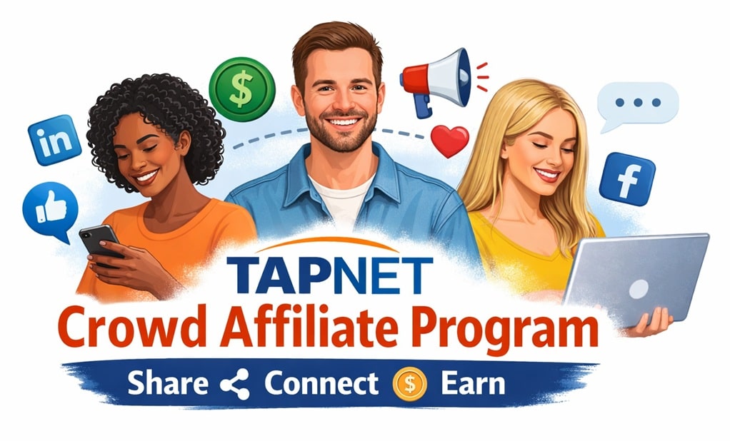 TAPNET Crowd Affiliate Program graphic with share, connect, and earn messaging.
